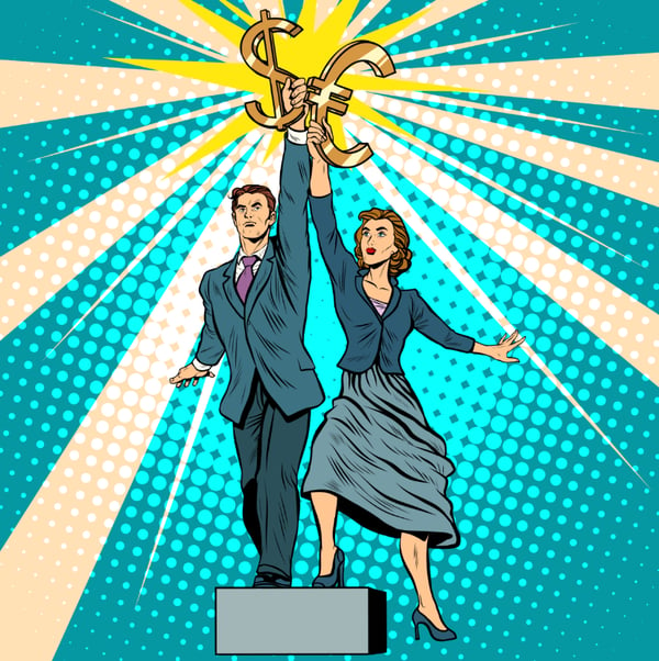 Graphic-novel style man and women standing on a podium holding symbols depicting the US dollar and Euro symbol.