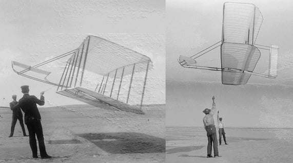 two pictures of wright gliders side by side