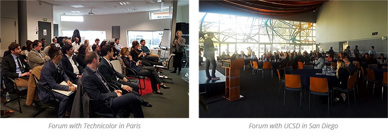 two pictures of the forums in Paris with Technicolor and with UCSD in San Diego